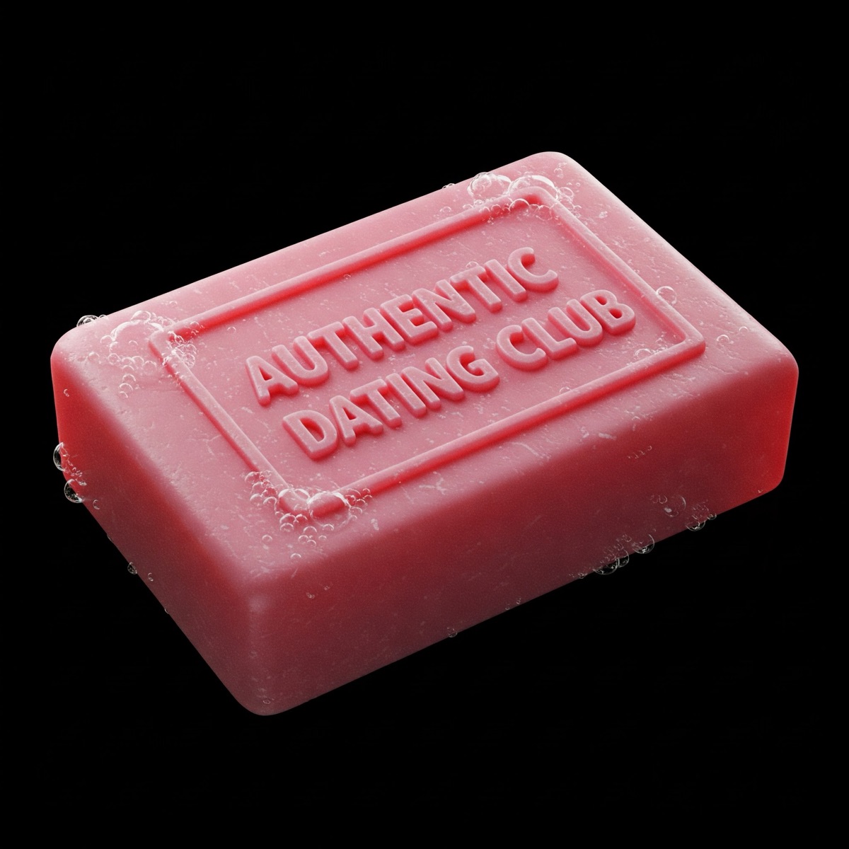 A pink bar of soap embossed with the words Authentic Dating Club